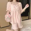 Algodón Nube Estilo Nuevo Pijama de Mujer Manga Corta Shorts Cuadros Jacquard Ribete de Encaje Conjunto Ropa de Dormir Ropa de Casa