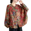 Foto Real de Camisa de Algodón y Lino Estampada de Botones 2026, Ropa Exterior Vintage Estilo Té, Top Cárdigan de Nicho