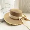Chapéu de Palha Novo Estilo com Laço e Franjas, Topo Reto, para Férias na Praia, Proteção Solar, Proteção UV, Chapéu que Afina o Rosto