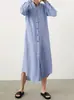Comercio Exterior Transfronterizo Europeo y Americano Vestido Camisa de Punto Elegante Casual Holgado para Viajar con Botones y Cordones Vestido Falda Larga