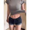 Super Shorts Jeans Retrô de Cintura Baixa Cobrindo o Quadril para Mulheres Verão Americano Justo Elástico Enrolado Modelador Calças Curtas Justas Quentes para Garota Quente