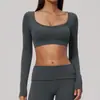 Nuevo top deportivo Zechuang cepillado con cuello en U, elástico, ajustado, a la altura del pecho, ropa corta para fitness, manga larga 9599