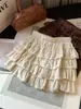 Saia retalhada com acabamento de renda aveludada para mulheres, novo estilo outono, mini saia de camadas tipo bolo, cintura alta elástica, corte A, para baixinhas