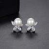 Pendientes de botón con perlas y flores Jinse, estilo coreano, sencillos y elegantes, con incrustaciones de cobre y perla de concha para mujer.