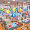 Começamos a escola, mesa de sala de aula, balões flutuantes, atmosfera de atividade do festival de jardim de infância, cena, fantasia e arranjo