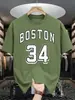 Boston 34 Estampa de Letras Artísticas Camiseta Vintage Masculina Casual Solta Moda Algodão Verão Unissex