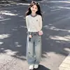 Conjunto de Duas Peças para Meninas Outono e Primavera Cardigan Retrô Xadrez Color-Block Estilo College Jeans Fofo Estilo Coreano Tendência