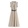 Vestido Midi Elegante de Linho Misturado Slim Fit Feminino Novo, Estilo Europeu e Americano, com Cinto