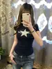 Camiseta de Manga Corta de Algodón Puro para Mujer con Estampado de Leopardo Retro Americano y Bordado de Estrella, Verano Ajustada Versátil Hombro Normal Top de Moda