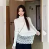 Camisa base elegante de gola alta em renda, estilo francês, falsa peça dupla, para mulheres, top suave e justo que afina a cintura para outono e inverno