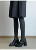 Versão em couro~mocassins de salto alto para mulheres, com detalhes de fivela, bico redondo, salto grosso, estilo britânico, para calçar sem cadarços, sapatilhas de sola grossa