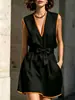 Vestido de verão elegante europeu e americano transfronteiriço Amazon 2026 novo, sem mangas, decote V, acinturado, para mulheres