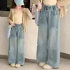 Calça Jeans Reta com Strass para Meninas 2026 Estilo Novo da Primavera Roupas de Ano Novo para Crianças Maiores Calças de Perna Estreita ou Larga para Crianças