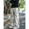Calças casuais estilo americano tie-dye de seda gelada para homens, calças de paraquedista largas e retas para primavera e outono, calças compridas plus size para homens