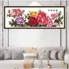 Flores Desabrocham, Riqueza Abunda: Pintura de Ponto Cruz Bordada com Peônias para Decoração de Sala de Estar, Arte Floral Bordada Impressa Feita à Mão Nova