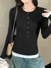 Camiseta Manga Longa Falsa Duas Peças Gola Henley Americana Feminina Outono Nova Slim Fit Camada Interna Base Camada Base Top Estilo Menina Picante