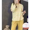 Trae tu propio acolchado para el pecho Pijama de Primavera y Otoño para Mujer Rayas Dulce Pijama de Estudiante para Mujer Traje de Pantalón de Manga Larga Ropa Suelta para Casa