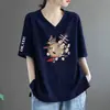 Comércio Eletrônico Transfronteiriço Marca de Liberação Etiqueta Cortada Balcão Comércio Exterior Camiseta Gola V Manga Curta Feminina Novo Estilo Chinês Casual Versátil Top