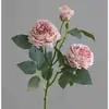 Novo Estilo Rosa de 3 Cabeças com Borda Queimada Flor Artificial Decoração Suave Simples para Sala de Estar Arranjo de Flores Enfeites Flor Artificial Adereços para Fotografia