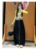 Pantalones de chándal de otoño para mujer, estilo americano, bloques de color, cintura elástica, patchwork, con remaches, dobladillo curvo, cintura alta, cordón y diseño casual de pierna ancha