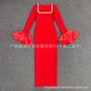 Vestido Longo Elegante Socialite Feminino Novo da Moda Europeia e Americana com Mangas Sino, Gola Quadrada, Tachas, Corpo Justo em Bandagem