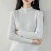 Suéter de punto acanalado 100% algodón puro para mujer, cuello semi-alto, camiseta base ajustada, adelgazante, cálida, top elegante