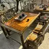 Conjunto de mesa e cadeiras de bambu vintage, mesa de chá com lareira para preparo de chá, conjunto completo de mesa e cadeiras de bambu para pátio, pousada estilo retrô, casa de chá, restaurante