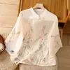 Camiseta bordada modificada estilo chinês 284 para mulheres, estilo fino de verão, gola alta, abotoada, algodão e linho, blusa de manga três quartos