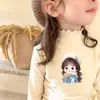 Roupa Íntima Plush Dupla Face Infantil Outono Inverno Camiseta Estilosa para Meninas Manga Longa Gola Meia Alta Top Quente com Barra Franzida