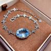 Pulsera Sencilla Oval Grande de Topacio Azul de Cristal Natural Estilo Nuevo con Incrustación de Plata S925, Diseño Vintage Desgastado