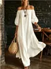 Vestido longo de um ombro, estilo europeu e americano, com manga bufante texturizada, cor sólida, para mulheres, modelagem solta, barra larga, drapeado para praia de férias