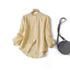 Camisa de alta calidad, ligera, transpirable, de lino puro, estilo chino nuevo, manga de tres cuartos, cuello mao pequeño, top protector solar para mujer