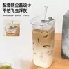 Vaso de agua cuadrado con tapa, vaso transparente simple para el hogar, té de leche, vaso portátil con pajilla, vaso de vidrio de borosilicato alto sin asa