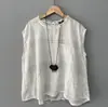 Colete Ruffled de Algodão e Linho com Ombro Plissado que Cobre o Ombro, Camiseta de Xadrez Solta de Verão Plus Size Artística com Botões nas Costas