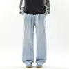 Calça Jeans Masculina de Cintura Elástica Marca Tendência Costurada Outono Inverno Streetwear Americano Reta Calça Reta Lavada Vintage Desgastada