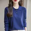 Top versátil de punto 100% algodón, nuevo estilo primavera y otoño, cuello polo, manga larga, color liso, corte holgado, camiseta interior adelgazante para mujer