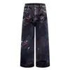 Jeans de ganga sujo com salpicos de tinta a óleo graffiti punk deserto punk nicho casual perna larga solta perna reta calças compridas