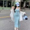 Vestido de Tirantes Estilo Lujuria Pura para Mujer Nuevo Azul Ajustado con Abertura Falda Sexy sin Mangas Cubre Caderas Falda Midi