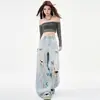 Calças Largas de Tecido Pesado Estampadas Jeans Rasgado Feminino Calças Retas Estilo Hot Girl Retro Calças Jeans Roupa Feminina