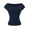 Camiseta básica lisa para mujer, color sólido, estilo básico, cuello barco, elegante, entallada en la cintura, adelgazante, sexy de manga corta, corte ajustado de algodón