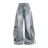 Pantalones Vaqueros de Trabajo JOIBOY Estilo Retro Americano de Peso Pesado con Múltiples Bolsillos, Estilo Callejero, Deconstruidos, Rasgados, Pierna Ancha, Largo hasta el Suelo