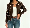Cardigan de tricô de bolinhas Amazon TEMU transfronteiriço, suéter de manga longa com gola redonda e borda plissada para mulheres, peça de outer