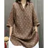 Vestido Camisa Casual Holgado Estampado de Algodón y Lino Nuevo Vintage Primavera/Verano 2026, Top Versátil Artístico de Longitud Media para Mujer