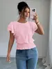 Camiseta Casual de Manga Corta con Cuello Redondo y Mangas de Hoja de Loto Caladas Estilo Europeo y Americano Transfronterizo Tiktok Primavera y Verano 2026 para Mujer Color Puro