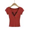 CL2480-24 Camiseta de manga corta con escote en V profundo, estilo francés, retro, estilo Pure Desire, de encaje, sexy