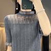 Camiseta de verano para mujer, de manga corta, con cuello alto, de punto, de seda morera, con encaje calado, venta al por mayor
