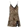 Lencería Sexy con Escote Profundo en V, Estampado Salvaje de Leopardo, Mangas Cortas de Encaje, Detalles de Tirantes, Ceñido a la Cintura, Ajustado, Conjunto Bodycon