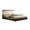 Cama de cuero de almacenamiento de lujo ligero estilo crema, cabecero ondulado con luces, cama canapé alta, almacenamiento partitionado de gran capacidad, cama de boda para dormitorio principal