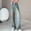 Jeans Wide Leg com Senso de Design Feminino Primavera 2025 Cintura Alta Design Solto Salpicado de Tinta Calças Retas