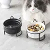 Cuenco cerámico para gato con soporte de hierro, cuenco elevado para gato que protege el cuello, cuenco de agua cerámico, cuenco para perro, patrón vertical de rayas blancas y negras, cuenco específico para gatos